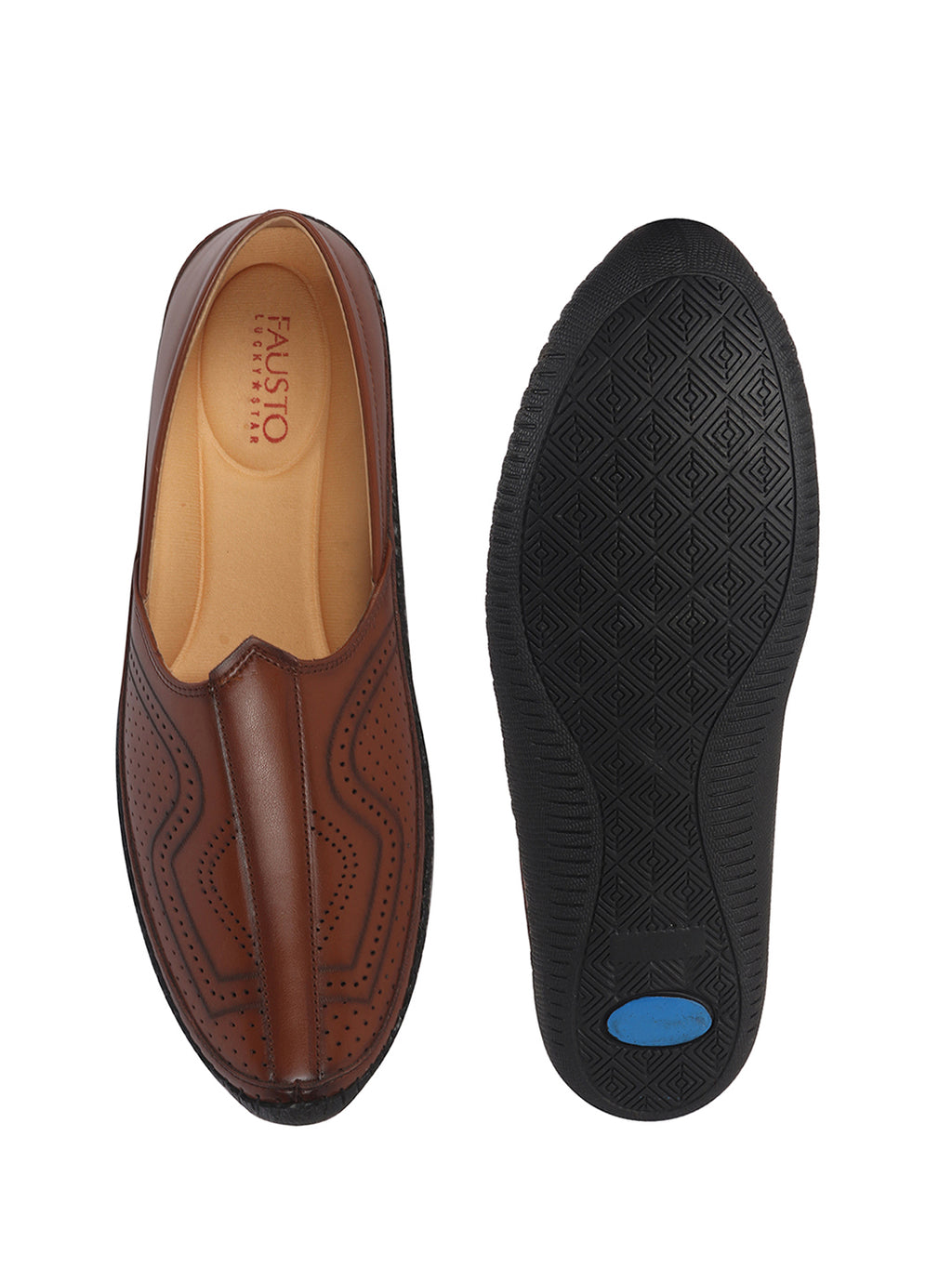 Men Tan Perforated Side Stitched Ethnic Round Toe Juttis and Mojaris for Wedding|Flexible Anti Skid Sole|Pathani Kurta Slip On Shoes