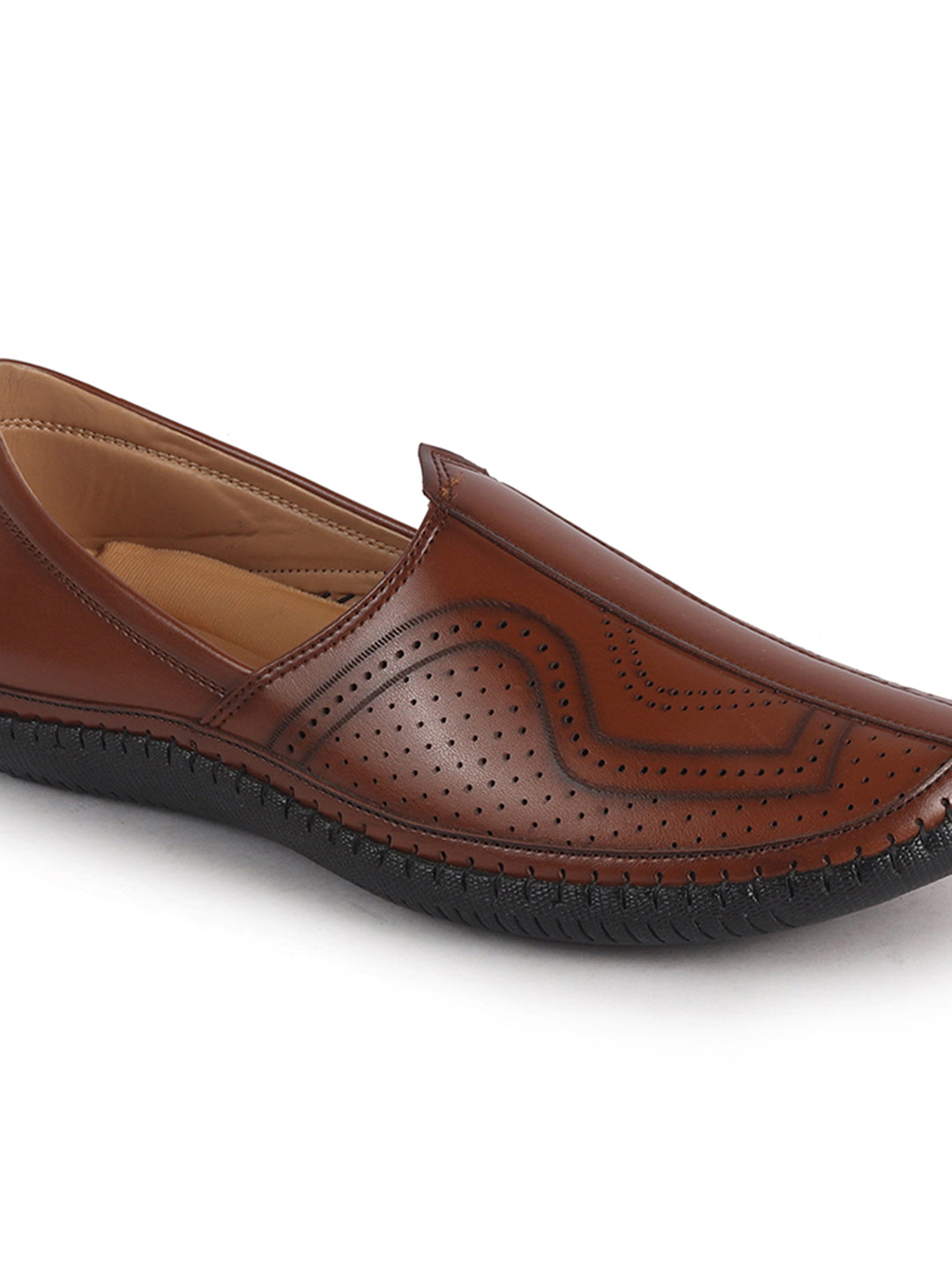 Men Tan Perforated Side Stitched Ethnic Round Toe Juttis and Mojaris for Wedding|Flexible Anti Skid Sole|Pathani Kurta Slip On Shoes