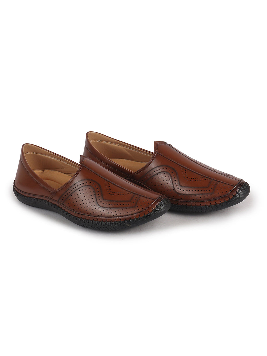 Men Tan Perforated Side Stitched Ethnic Round Toe Juttis and Mojaris for Wedding|Flexible Anti Skid Sole|Pathani Kurta Slip On Shoes