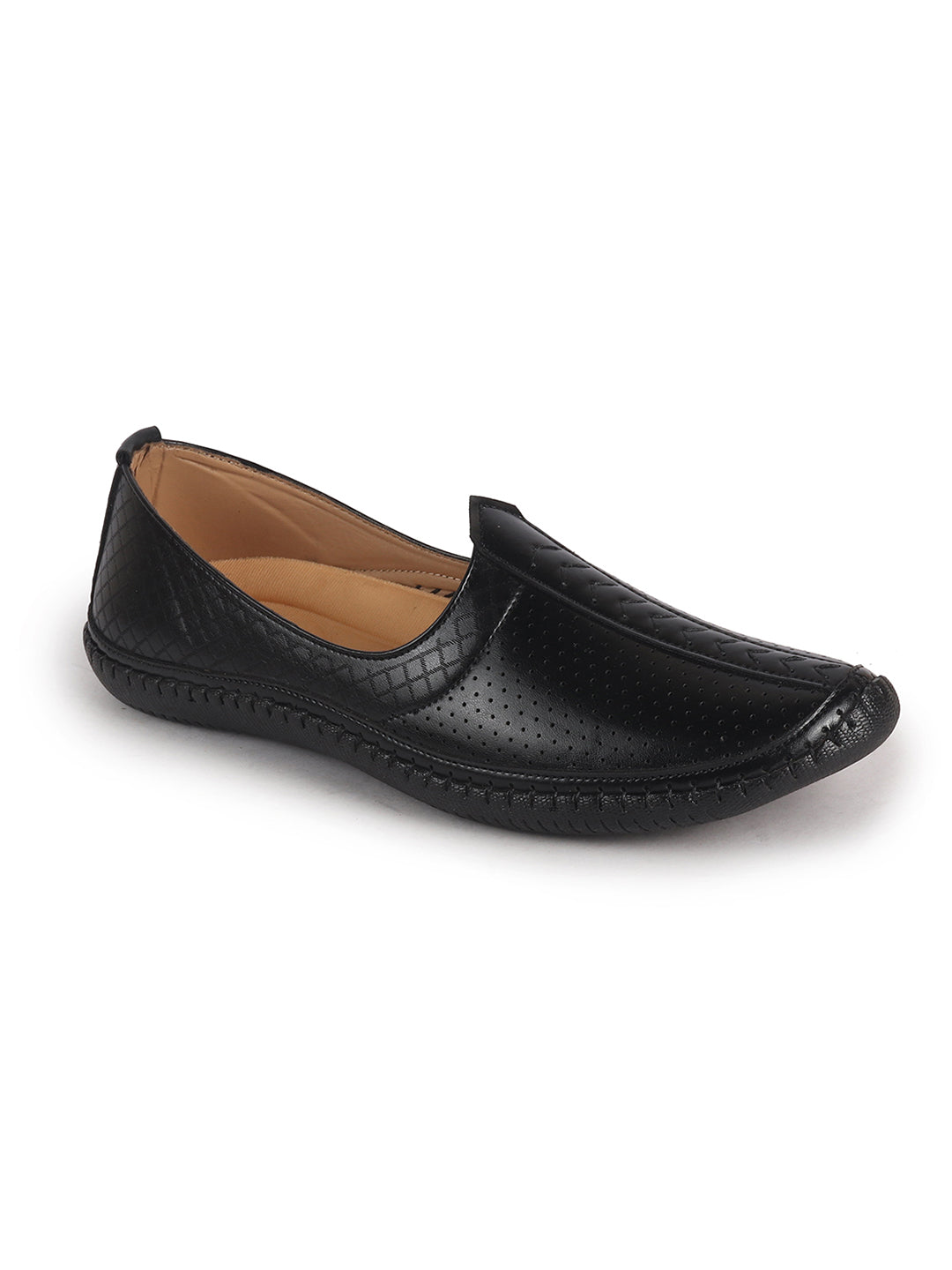 Men Black Perforated Side Stitched Ethnic Round Toe Juttis and Mojaris for Wedding|Flexible Anti Skid Sole|Prom Slip On Shoes for Pathani Festive Kurta