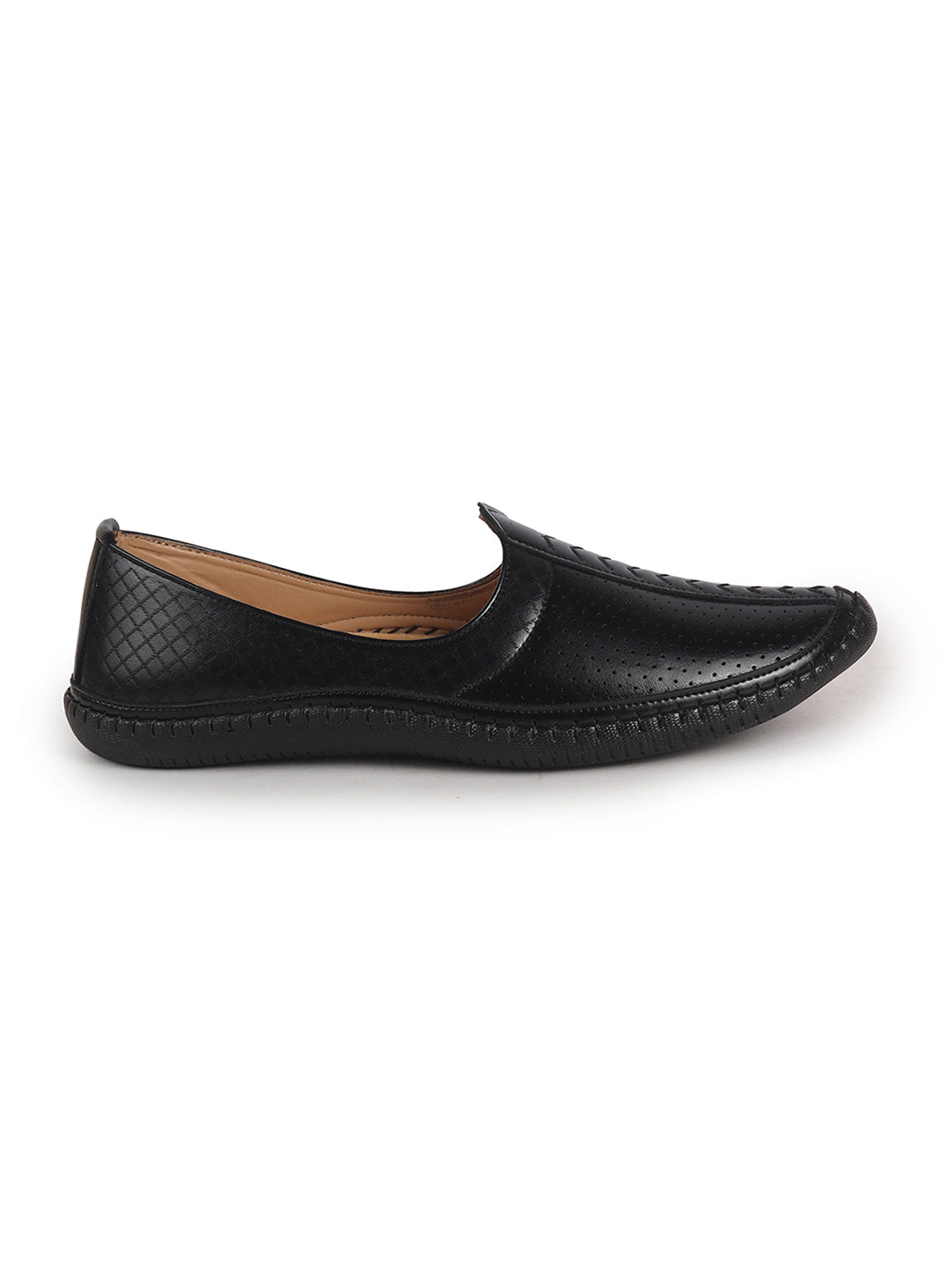 Men Black Perforated Side Stitched Ethnic Round Toe Juttis and Mojaris for Wedding|Flexible Anti Skid Sole|Prom Slip On Shoes for Pathani Festive Kurta