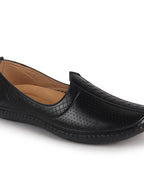 Men Black Perforated Side Stitched Ethnic Round Toe Juttis and Mojaris for Wedding|Flexible Anti Skid Sole|Prom Slip On Shoes for Pathani Festive Kurta