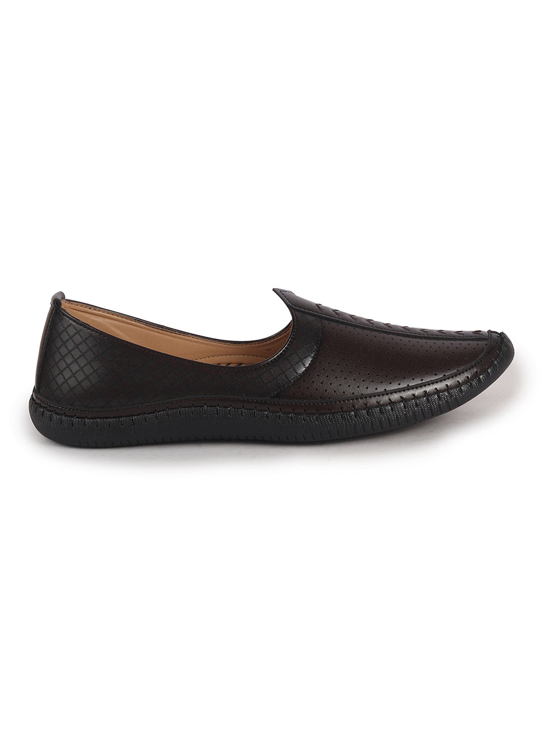 Men Brown Perforated Side Stitched Ethnic Round Toe Juttis and Mojaris for Wedding|Flexible Anti Skid Sole|Prom Slip On Shoes for Pathani Festive Kurta