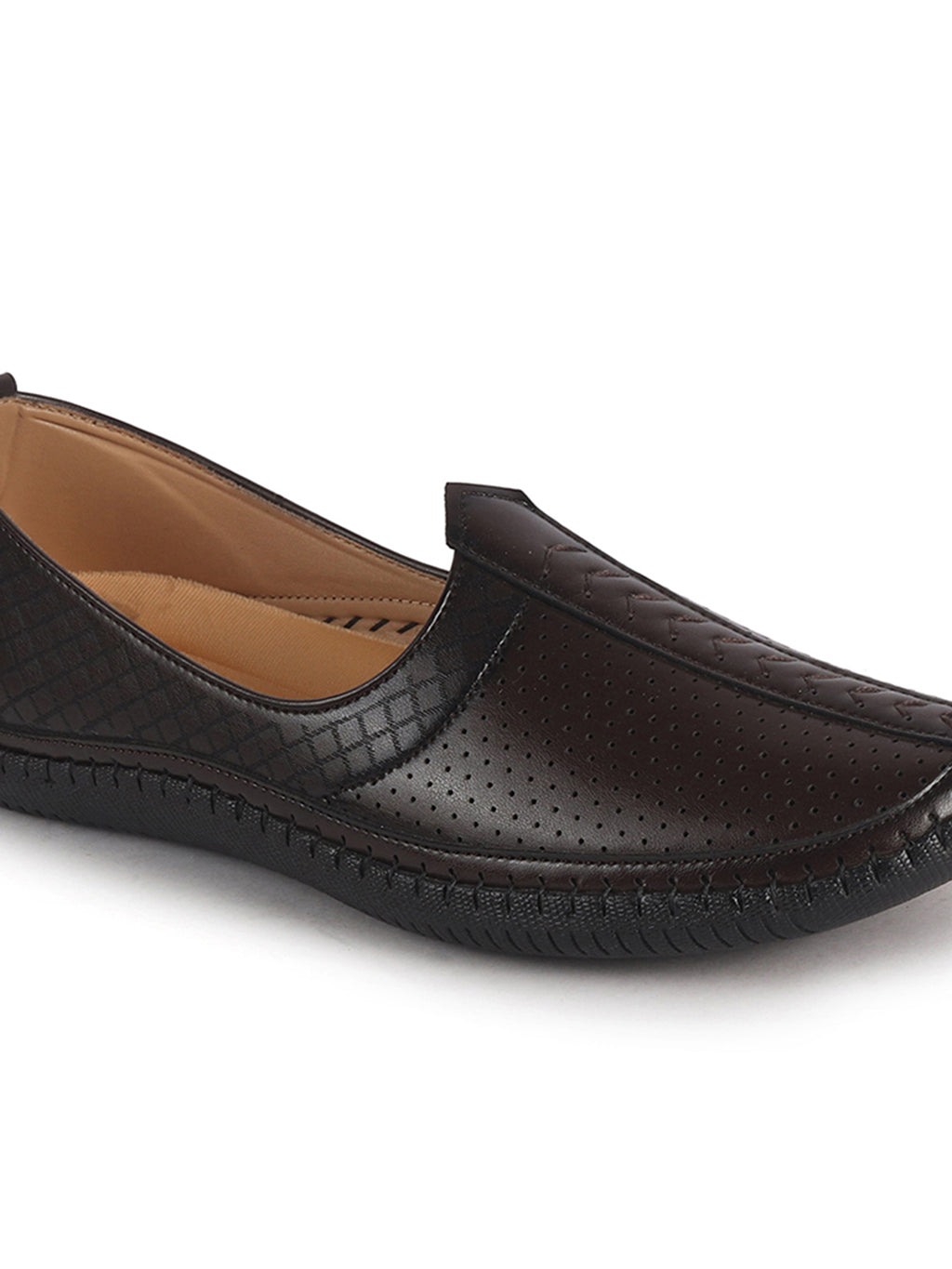 Men Brown Perforated Side Stitched Ethnic Round Toe Juttis and Mojaris for Wedding|Flexible Anti Skid Sole|Prom Slip On Shoes for Pathani Festive Kurta