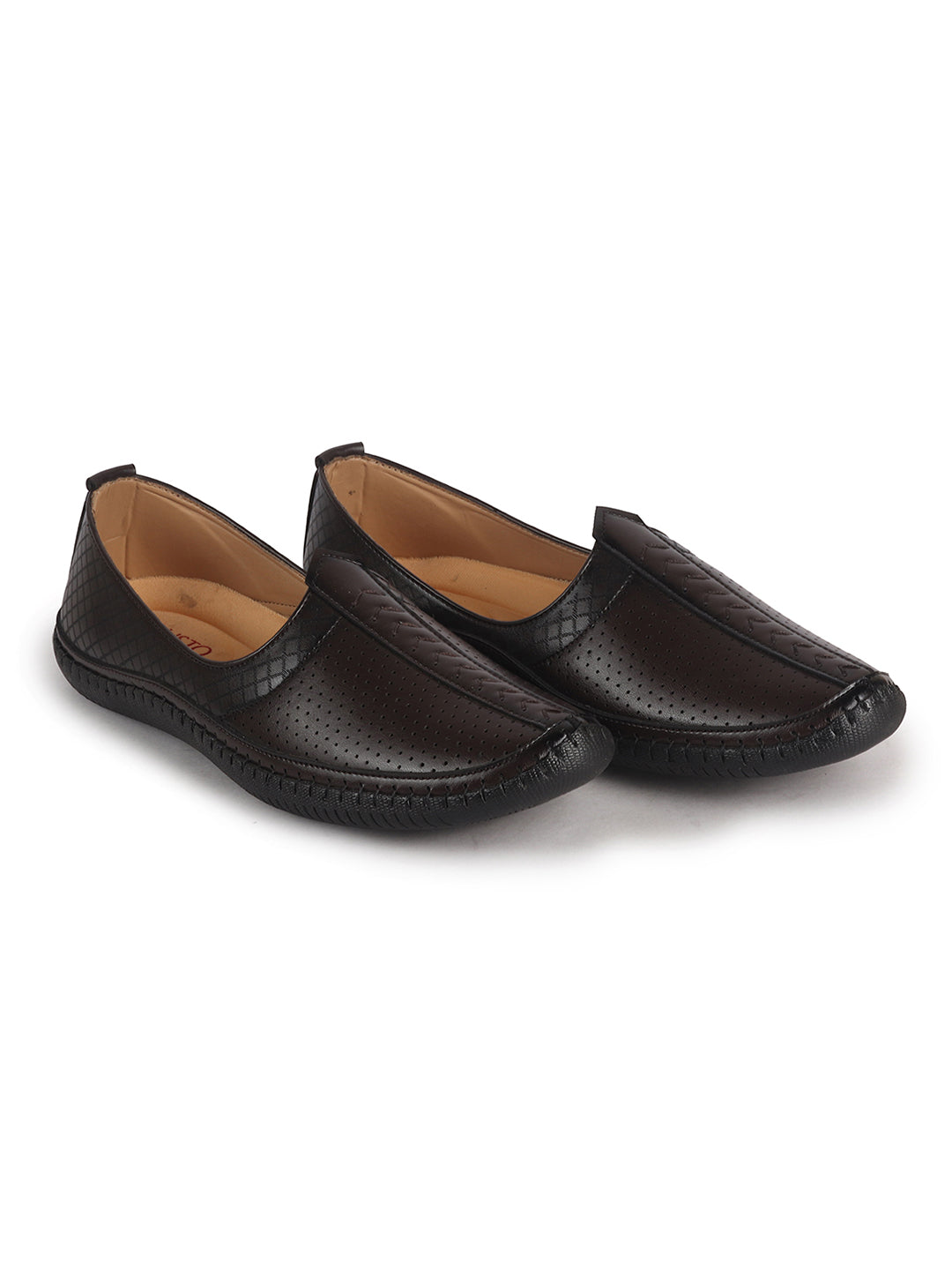 Men Brown Perforated Side Stitched Ethnic Round Toe Juttis and Mojaris for Wedding|Flexible Anti Skid Sole|Prom Slip On Shoes for Pathani Festive Kurta