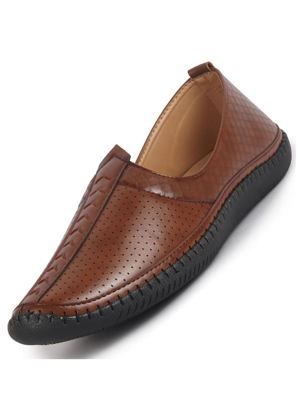 men tan perforated side stitched ethnic round toe juttis and mojaris for wedding|flexible anti skid sole|prom slip on shoes for pathani festive kurta