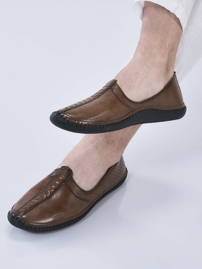 men tan perforated side stitched ethnic round toe juttis and mojaris for wedding|flexible anti skid sole|prom slip on shoes for pathani festive kurta