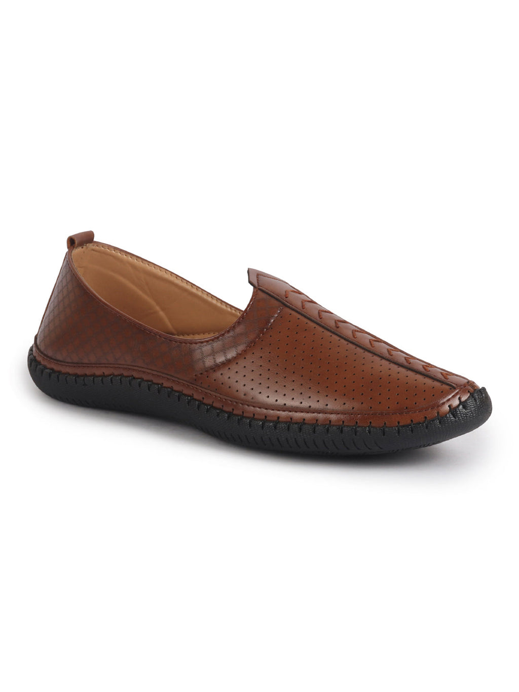 men tan perforated side stitched ethnic round toe juttis and mojaris for wedding|flexible anti skid sole|prom slip on shoes for pathani festive kurta