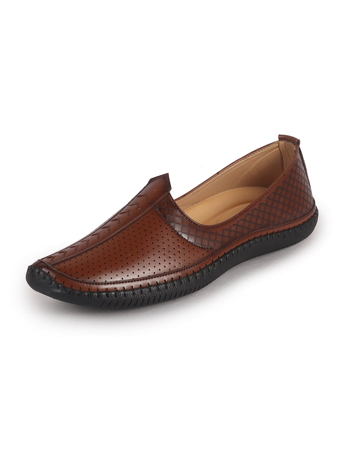 Men Tan Perforated Side Stitched Ethnic Round Toe Juttis and Mojaris for Wedding|Flexible Anti Skid Sole|Prom Slip On Shoes for Pathani Festive Kurta