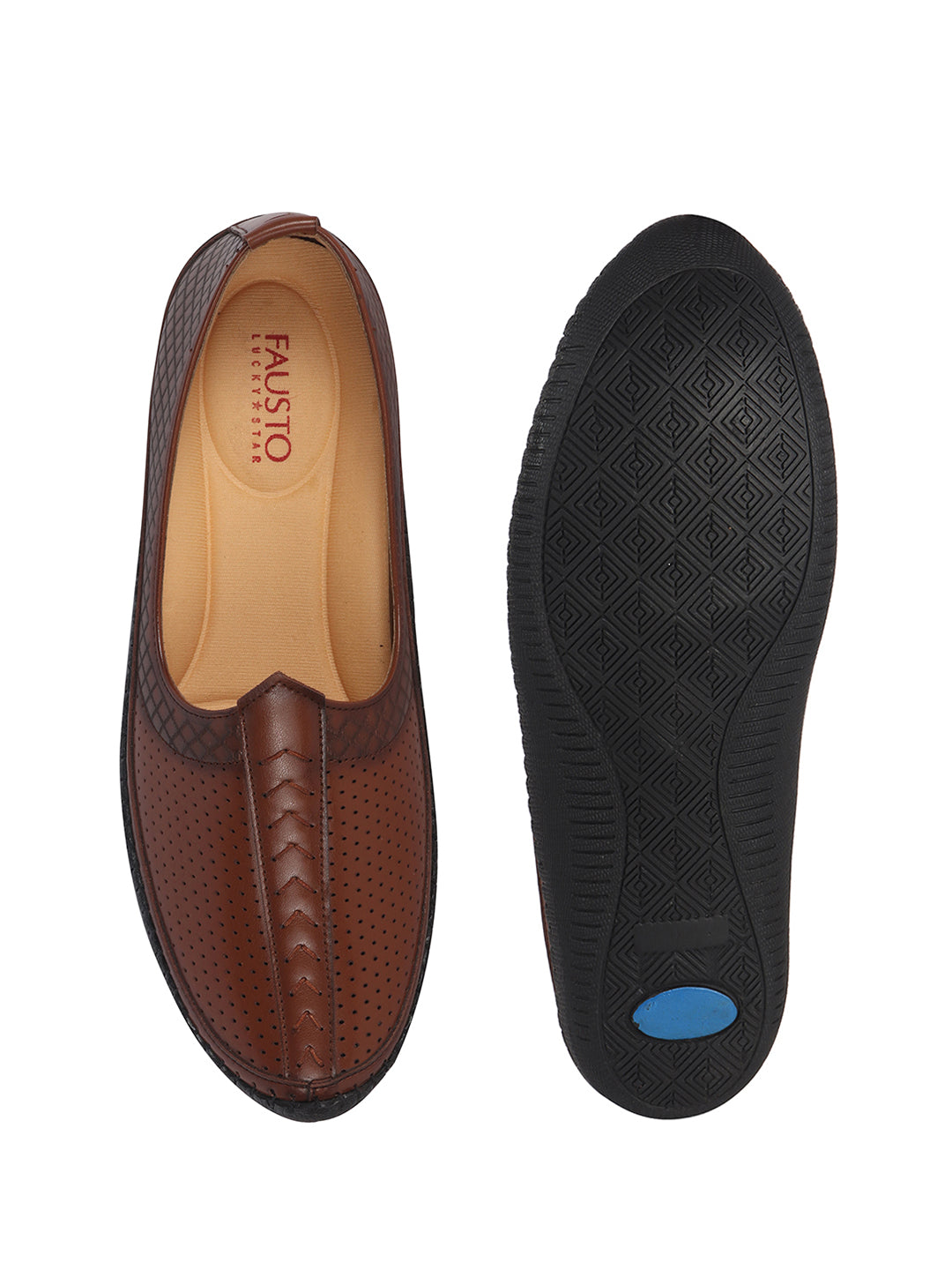 Men Tan Perforated Side Stitched Ethnic Round Toe Juttis and Mojaris for Wedding|Flexible Anti Skid Sole|Prom Slip On Shoes for Pathani Festive Kurta
