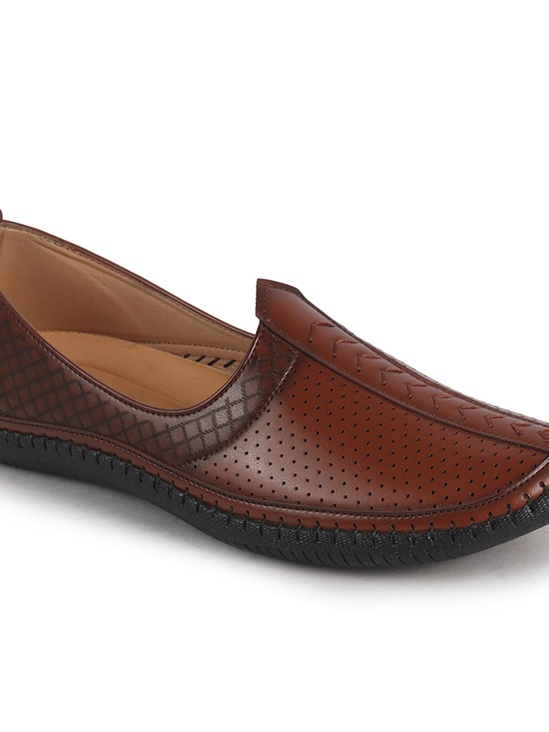 Men Tan Perforated Side Stitched Ethnic Round Toe Juttis and Mojaris for Wedding|Flexible Anti Skid Sole|Prom Slip On Shoes for Pathani Festive Kurta
