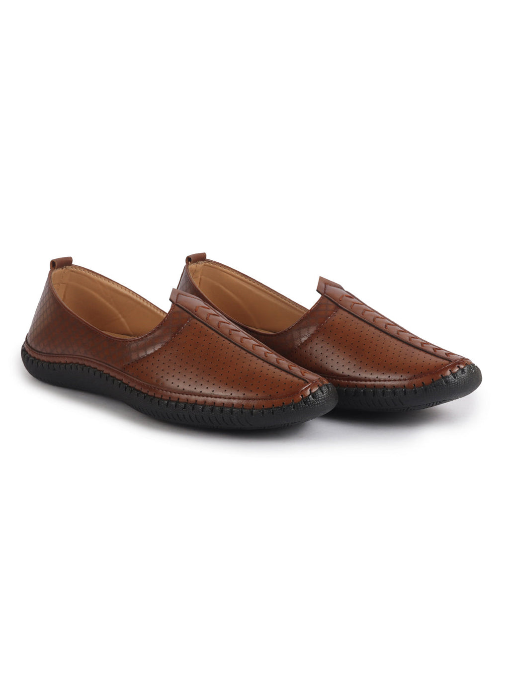 men tan perforated side stitched ethnic round toe juttis and mojaris for wedding|flexible anti skid sole|prom slip on shoes for pathani festive kurta