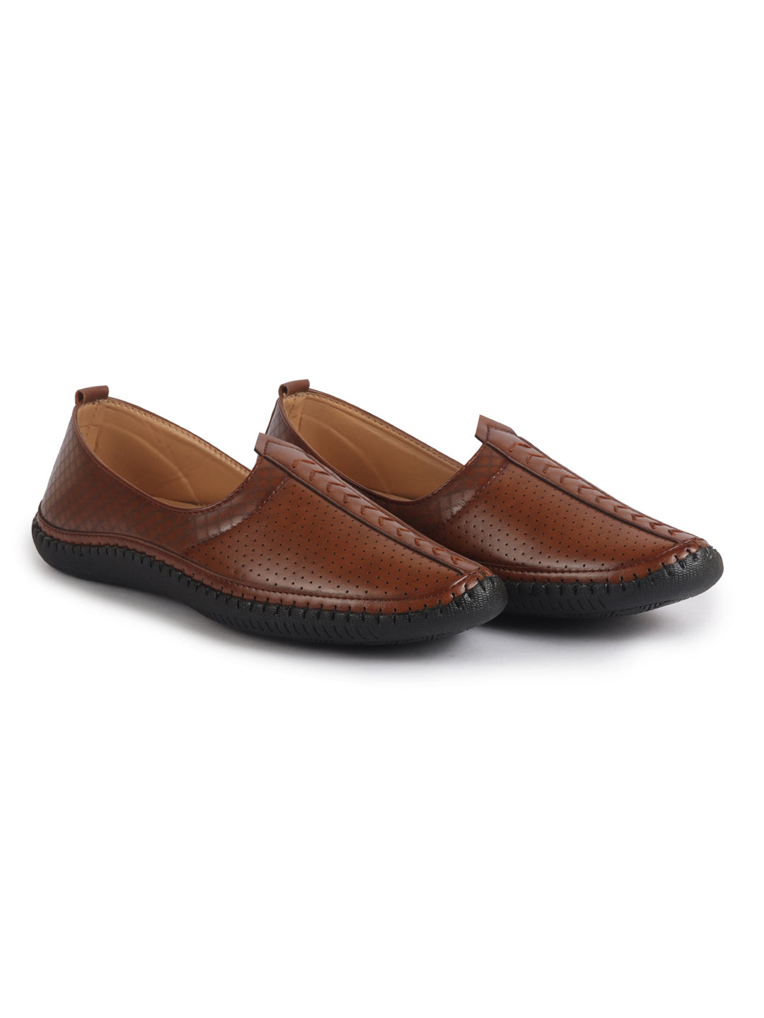 men tan perforated side stitched ethnic round toe juttis and mojaris for wedding|flexible anti skid sole|prom slip on shoes for pathani festive kurta