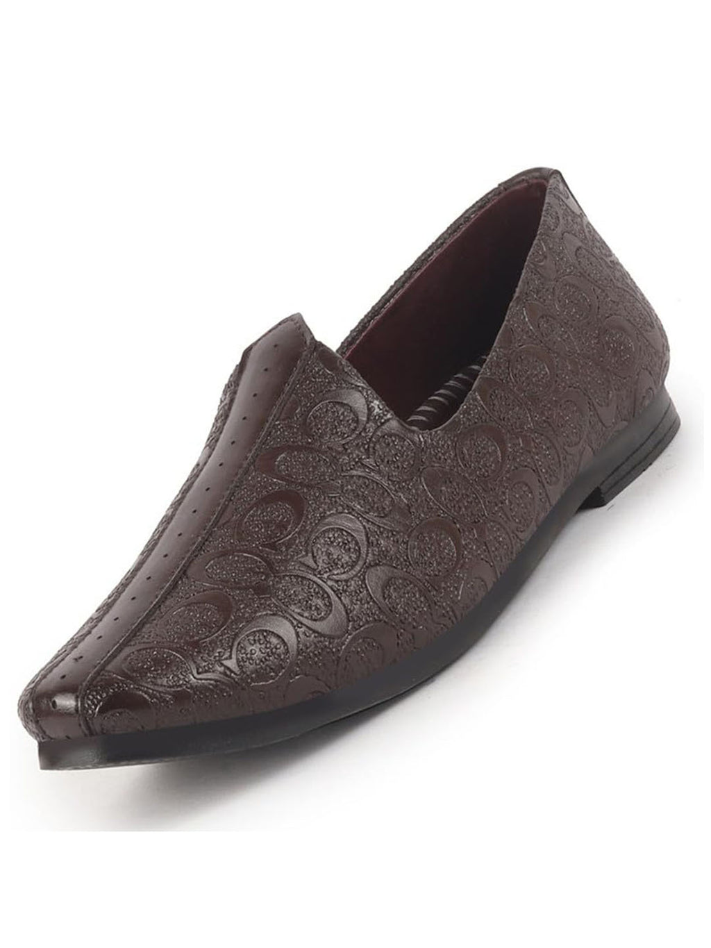 men brown wedding festive ethnic slip-on juttis and mojari | embossed textured print shoe with comfort insole