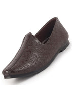 men brown wedding festive ethnic slip-on juttis and mojari | embossed textured print shoe with comfort insole