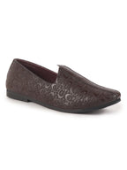 men brown wedding festive ethnic slip-on juttis and mojari | embossed textured print shoe with comfort insole