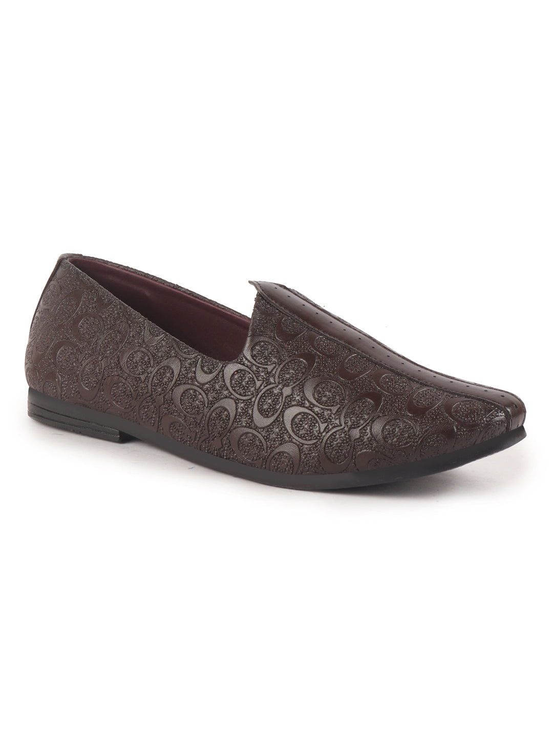 men brown wedding festive ethnic slip-on juttis and mojari | embossed textured print shoe with comfort insole
