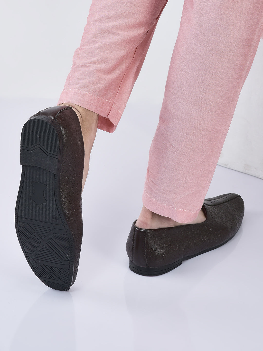 men brown wedding festive ethnic slip-on juttis and mojari | embossed textured print shoe with comfort insole