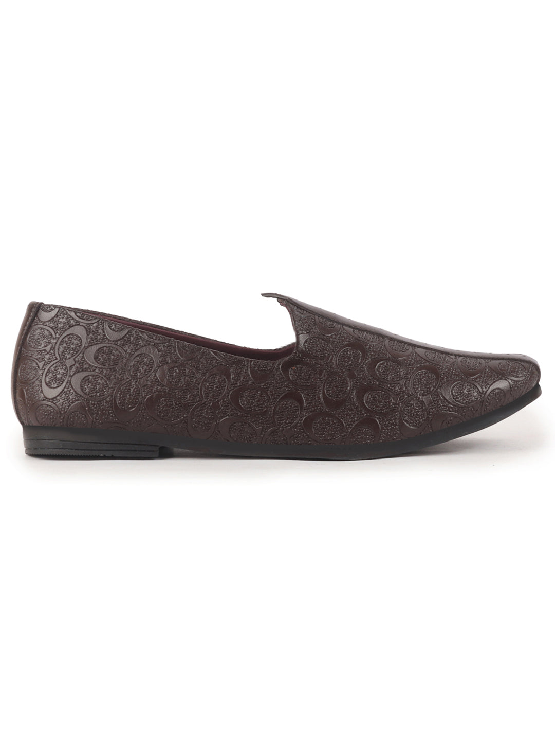 men brown wedding festive ethnic slip-on juttis and mojari | embossed textured print shoe with comfort insole