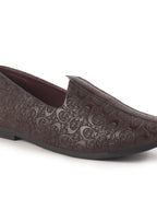 men brown wedding festive ethnic slip-on juttis and mojari | embossed textured print shoe with comfort insole