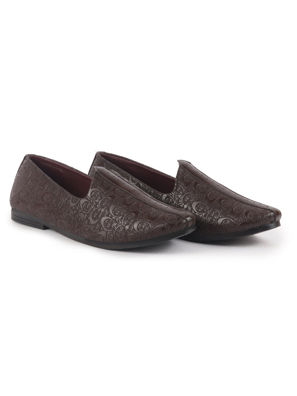 men brown wedding festive ethnic slip-on juttis and mojari | embossed textured print shoe with comfort insole