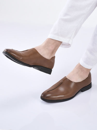 men tan ethnic wedding juttis and mojaris for traditional sherwani|perforated evening party stitched slip-on shoes|formal office shoes with cushioned insole