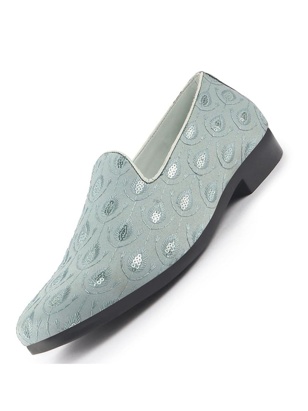 men blue embroidered sequin ethnic slip-on juttis and mojaris with anti skid sole|traditional loafer sherwani shoes for wedding, reception, party, baraat and festive outfits