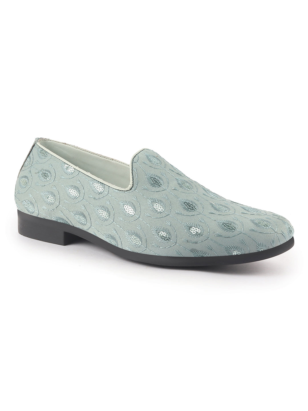 men blue embroidered sequin ethnic slip-on juttis and mojaris with anti skid sole|traditional loafer sherwani shoes for wedding, reception, party, baraat and festive outfits