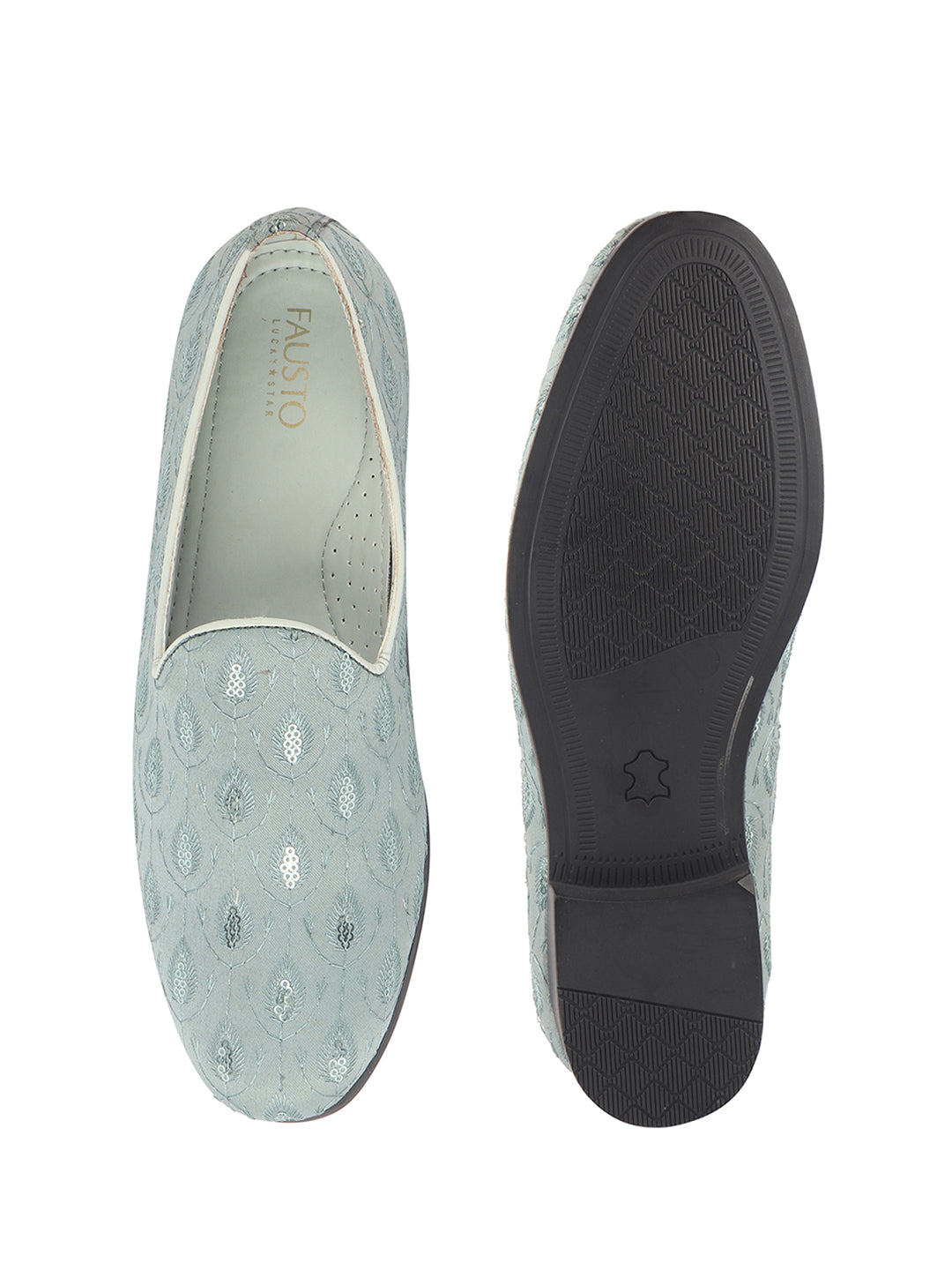 men blue embroidered sequin ethnic slip-on juttis and mojaris with anti skid sole|traditional loafer sherwani shoes for wedding, reception, party, baraat and festive outfits