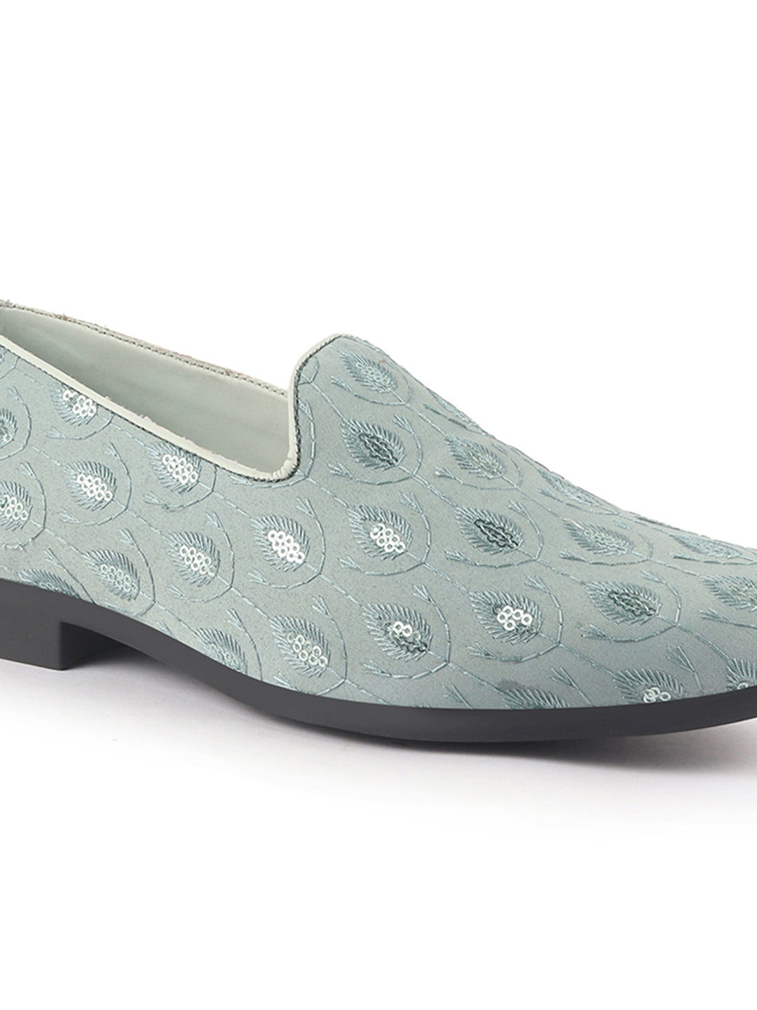 men blue embroidered sequin ethnic slip-on juttis and mojaris with anti skid sole|traditional loafer sherwani shoes for wedding, reception, party, baraat and festive outfits