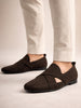 Men Brown Criss Cross Strap Perfortated Velvet Slip On Ethnic Juttis | Prom Slip On Shoes For Wedding, Festive | Loafer Shoes with Memory Cushioned Insole