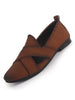 Men Tan Criss Cross Strap Perfortated Velvet Slip On Ethnic Juttis | Prom Slip On Shoes For Wedding, Festive | Loafer Shoes with Memory Cushioned Insole