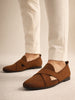 Men Tan Criss Cross Strap Perfortated Velvet Slip On Ethnic Juttis | Prom Slip On Shoes For Wedding, Festive | Loafer Shoes with Memory Cushioned Insole