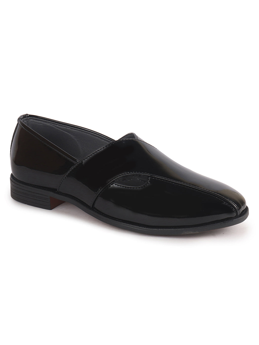 Men Black Criss Cross Strap Round Toe Perforated Ethnic Slip On Shoes | Patent Leather Loafer Shoe with Memory Cushioned Insole for Wedding, Party Kurta Pyjama Dress