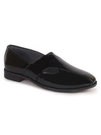 Men Black Criss Cross Strap Round Toe Perforated Ethnic Slip On Shoes | Patent Leather Loafer Shoe with Memory Cushioned Insole for Wedding, Party Kurta Pyjama Dress
