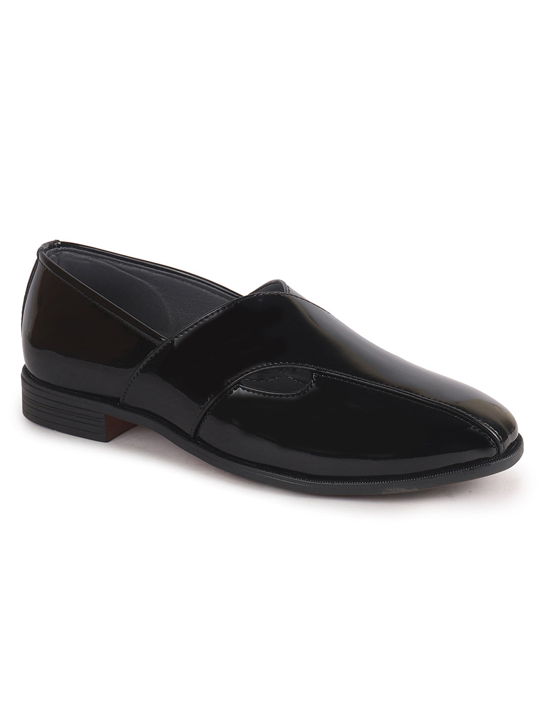 Men Black Criss Cross Strap Round Toe Perforated Ethnic Slip On Shoes | Patent Leather Loafer Shoe with Memory Cushioned Insole for Wedding, Party Kurta Pyjama Dress