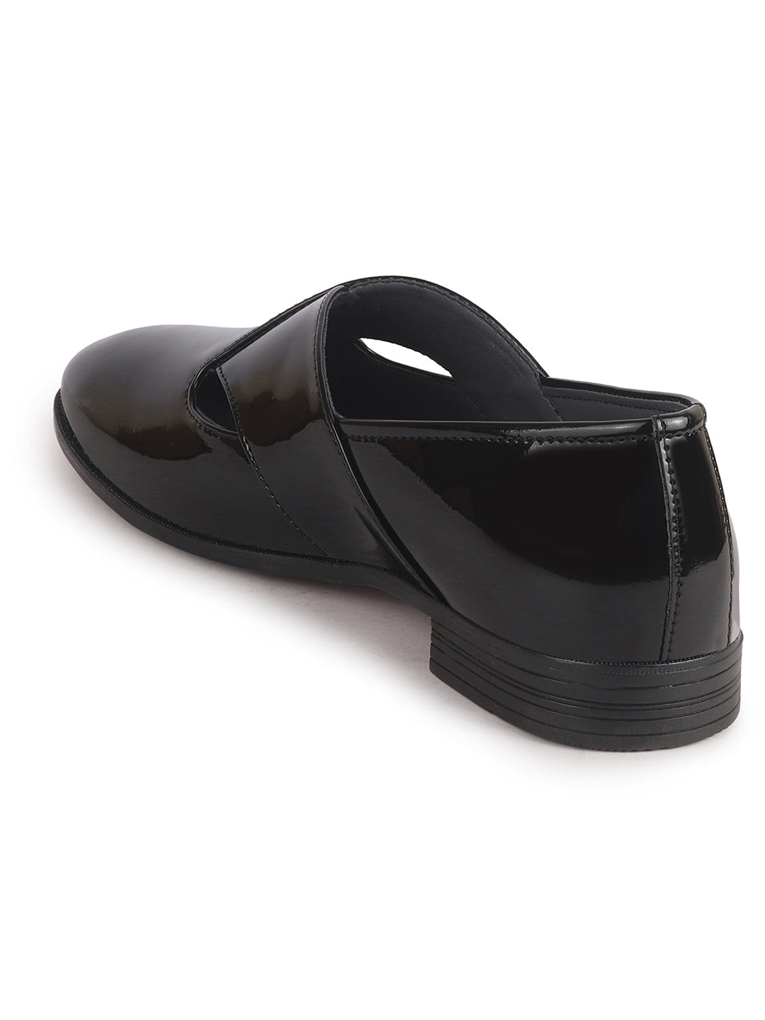 Men Black Criss Cross Strap Round Toe Perforated Ethnic Slip On Shoes | Patent Leather Loafer Shoe with Memory Cushioned Insole for Wedding, Party Kurta Pyjama Dress