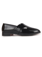 Men Black Criss Cross Strap Round Toe Perforated Ethnic Slip On Shoes | Patent Leather Loafer Shoe with Memory Cushioned Insole for Wedding, Party Kurta Pyjama Dress