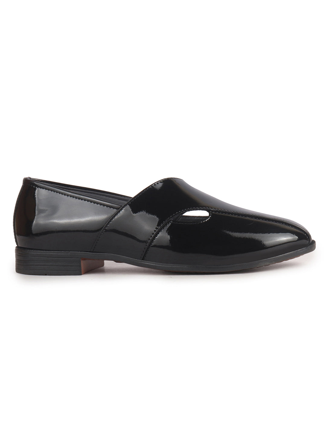 Men Black Criss Cross Strap Round Toe Perforated Ethnic Slip On Shoes | Patent Leather Loafer Shoe with Memory Cushioned Insole for Wedding, Party Kurta Pyjama Dress