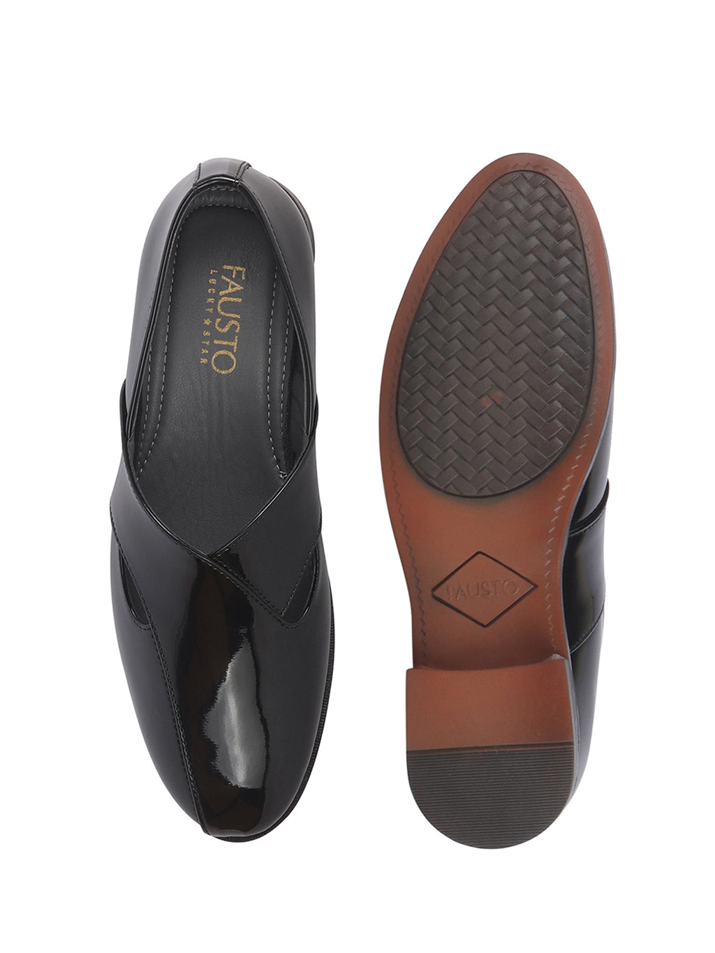 Men Black Criss Cross Strap Round Toe Perforated Ethnic Slip On Shoes | Patent Leather Loafer Shoe with Memory Cushioned Insole for Wedding, Party Kurta Pyjama Dress