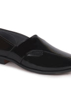 Men Black Criss Cross Strap Round Toe Perforated Ethnic Slip On Shoes | Patent Leather Loafer Shoe with Memory Cushioned Insole for Wedding, Party Kurta Pyjama Dress