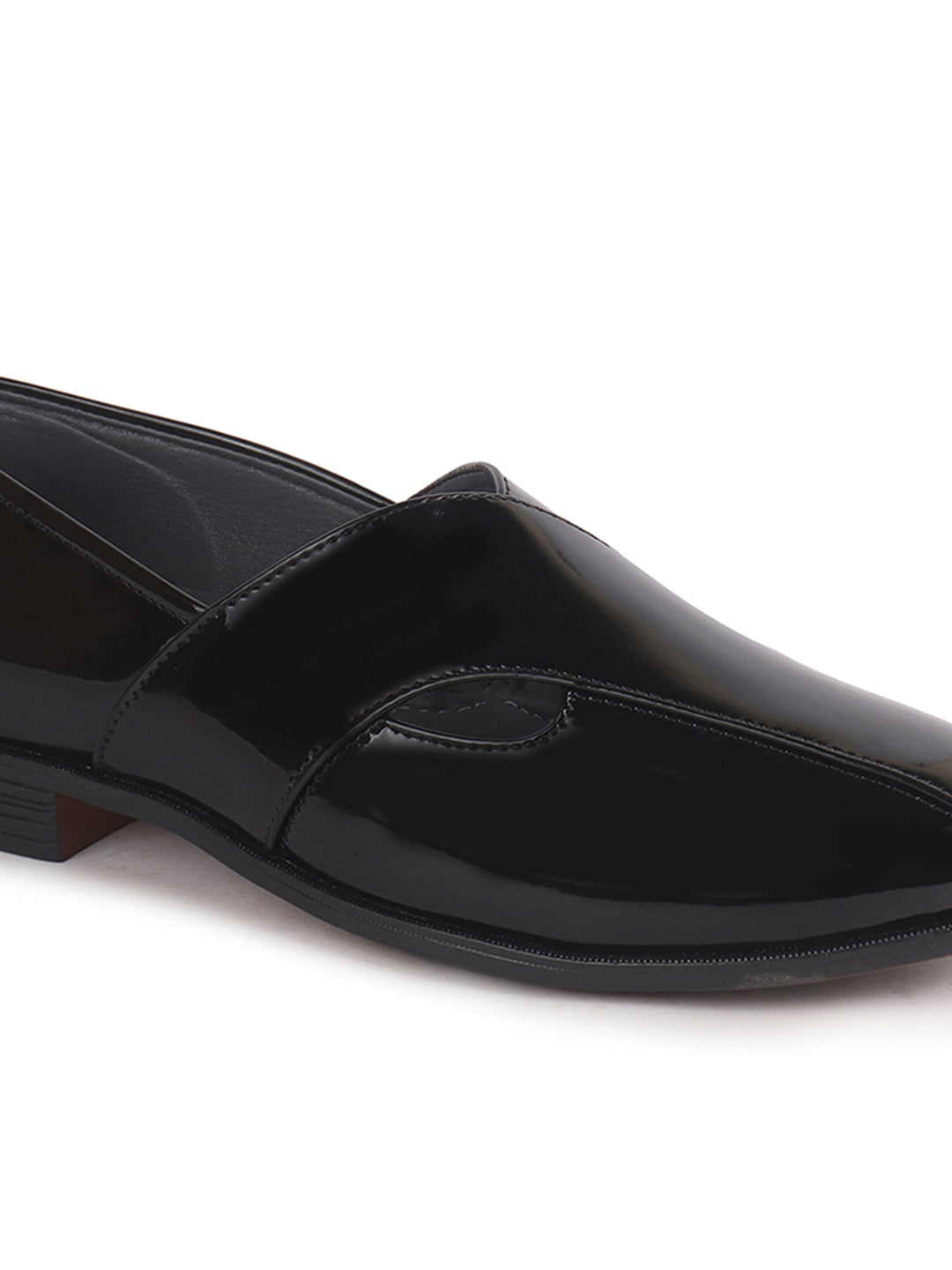Men Black Criss Cross Strap Round Toe Perforated Ethnic Slip On Shoes | Patent Leather Loafer Shoe with Memory Cushioned Insole for Wedding, Party Kurta Pyjama Dress