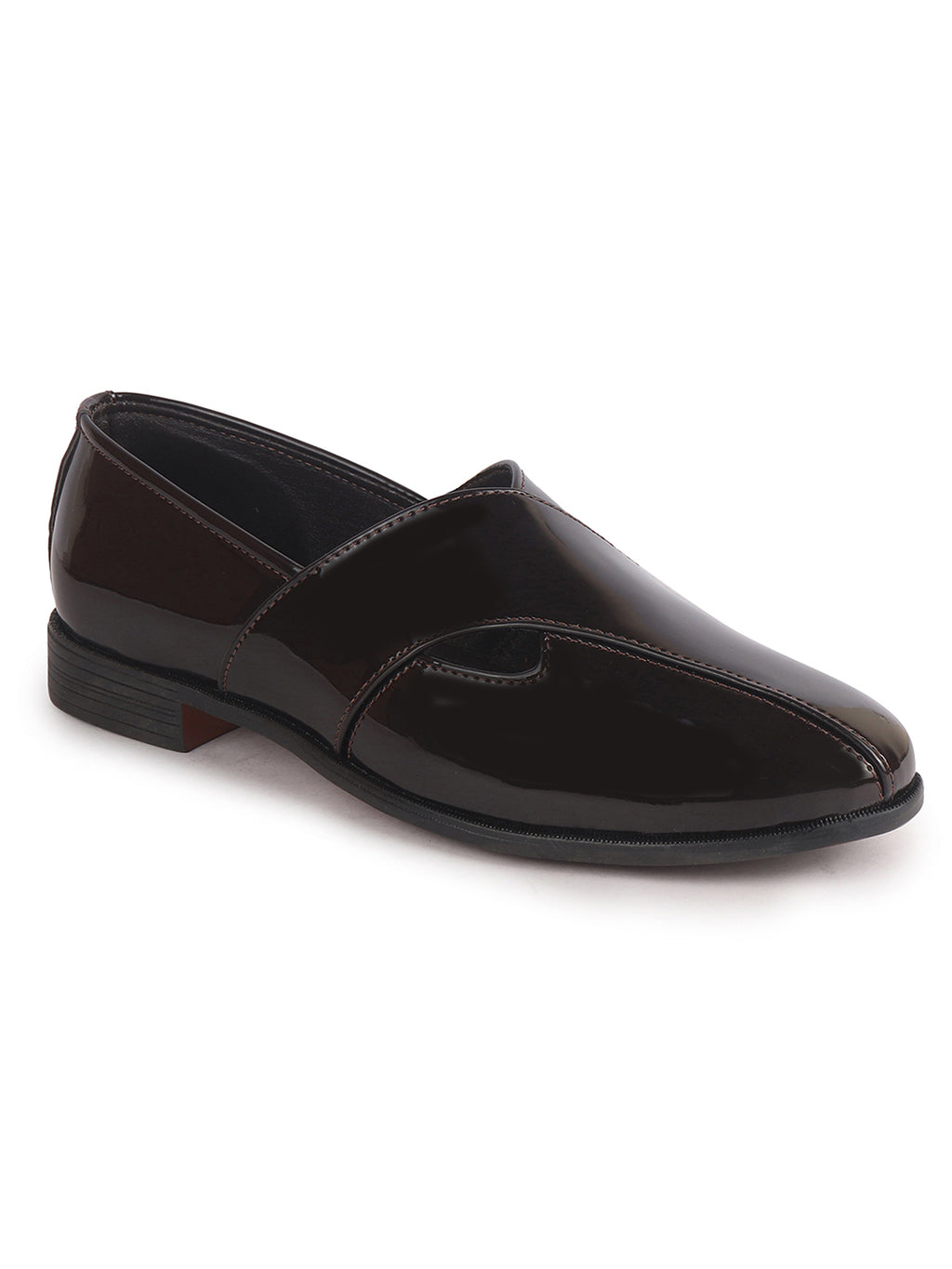Men Brown Criss Cross Strap Round Toe Perforated Ethnic Slip On Shoes | Patent Leather Loafer Shoe with Memory Cushioned Insole for Wedding, Party Kurta Pyjama Dress