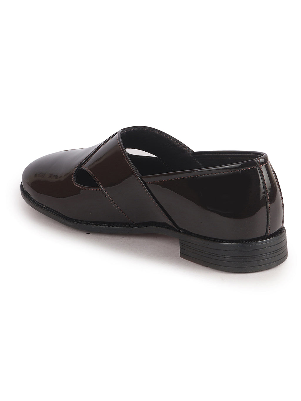 Men Brown Criss Cross Strap Round Toe Perforated Ethnic Slip On Shoes | Patent Leather Loafer Shoe with Memory Cushioned Insole for Wedding, Party Kurta Pyjama Dress