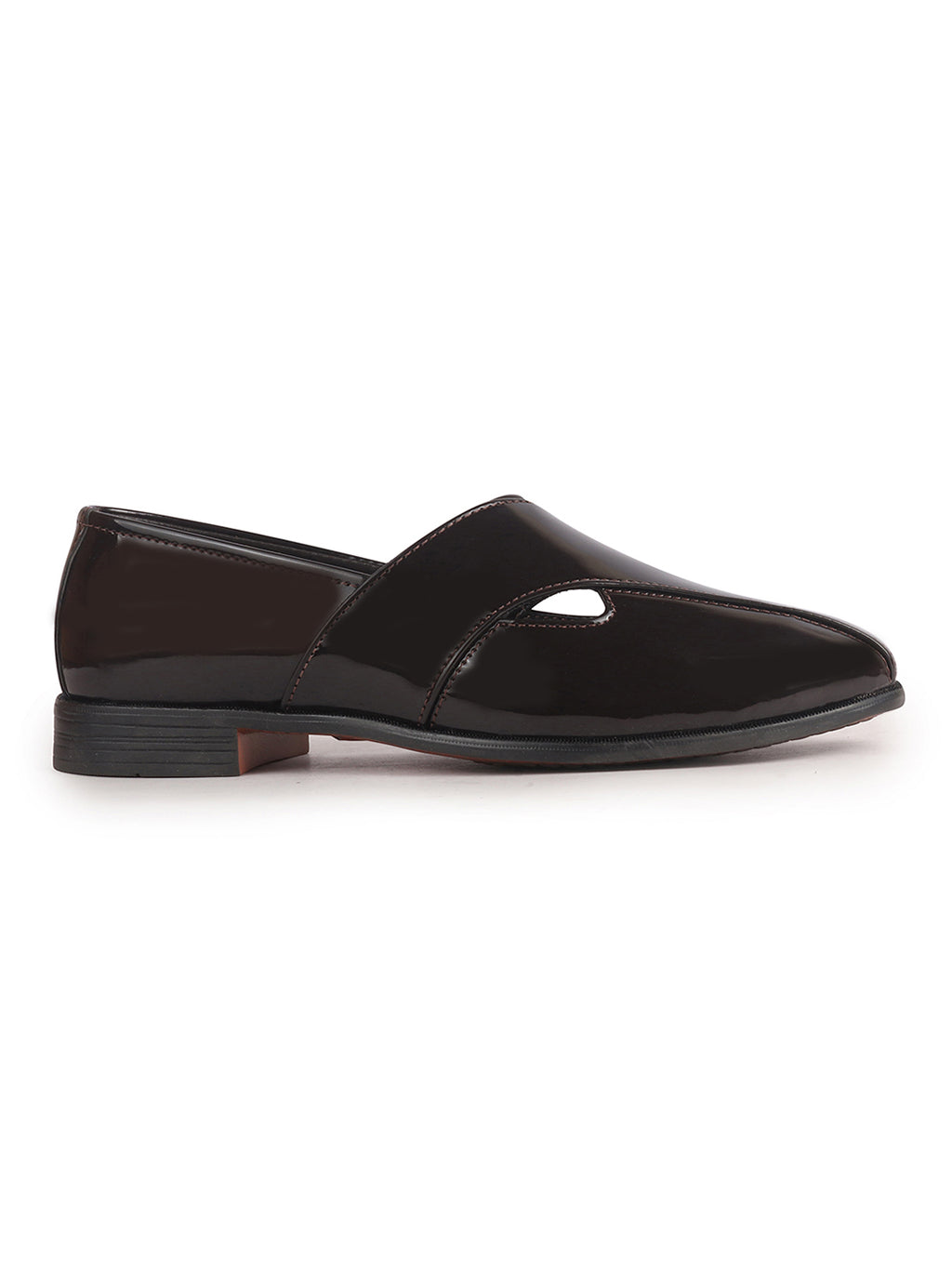 Men Brown Criss Cross Strap Round Toe Perforated Ethnic Slip On Shoes | Patent Leather Loafer Shoe with Memory Cushioned Insole for Wedding, Party Kurta Pyjama Dress