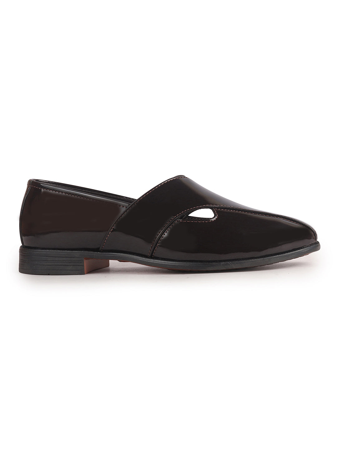 Men Brown Criss Cross Strap Round Toe Perforated Ethnic Slip On Shoes | Patent Leather Loafer Shoe with Memory Cushioned Insole for Wedding, Party Kurta Pyjama Dress