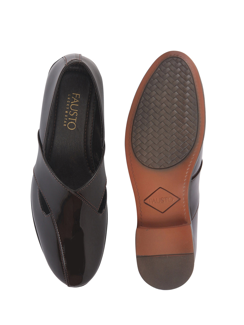 Men Brown Criss Cross Strap Round Toe Perforated Ethnic Slip On Shoes | Patent Leather Loafer Shoe with Memory Cushioned Insole for Wedding, Party Kurta Pyjama Dress