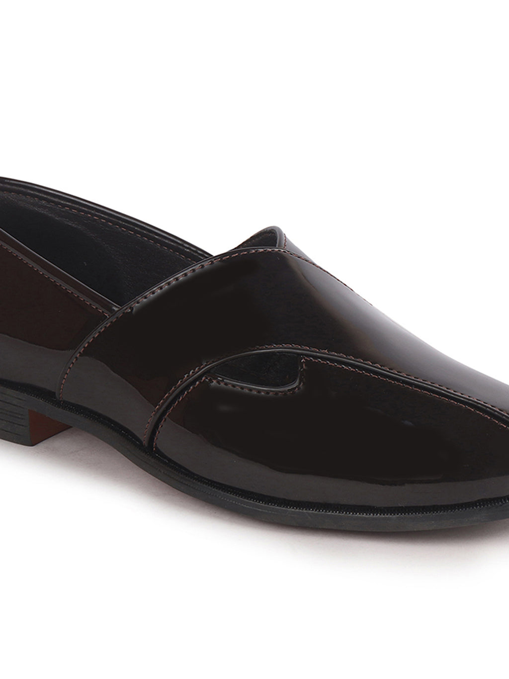 Men Brown Criss Cross Strap Round Toe Perforated Ethnic Slip On Shoes | Patent Leather Loafer Shoe with Memory Cushioned Insole for Wedding, Party Kurta Pyjama Dress