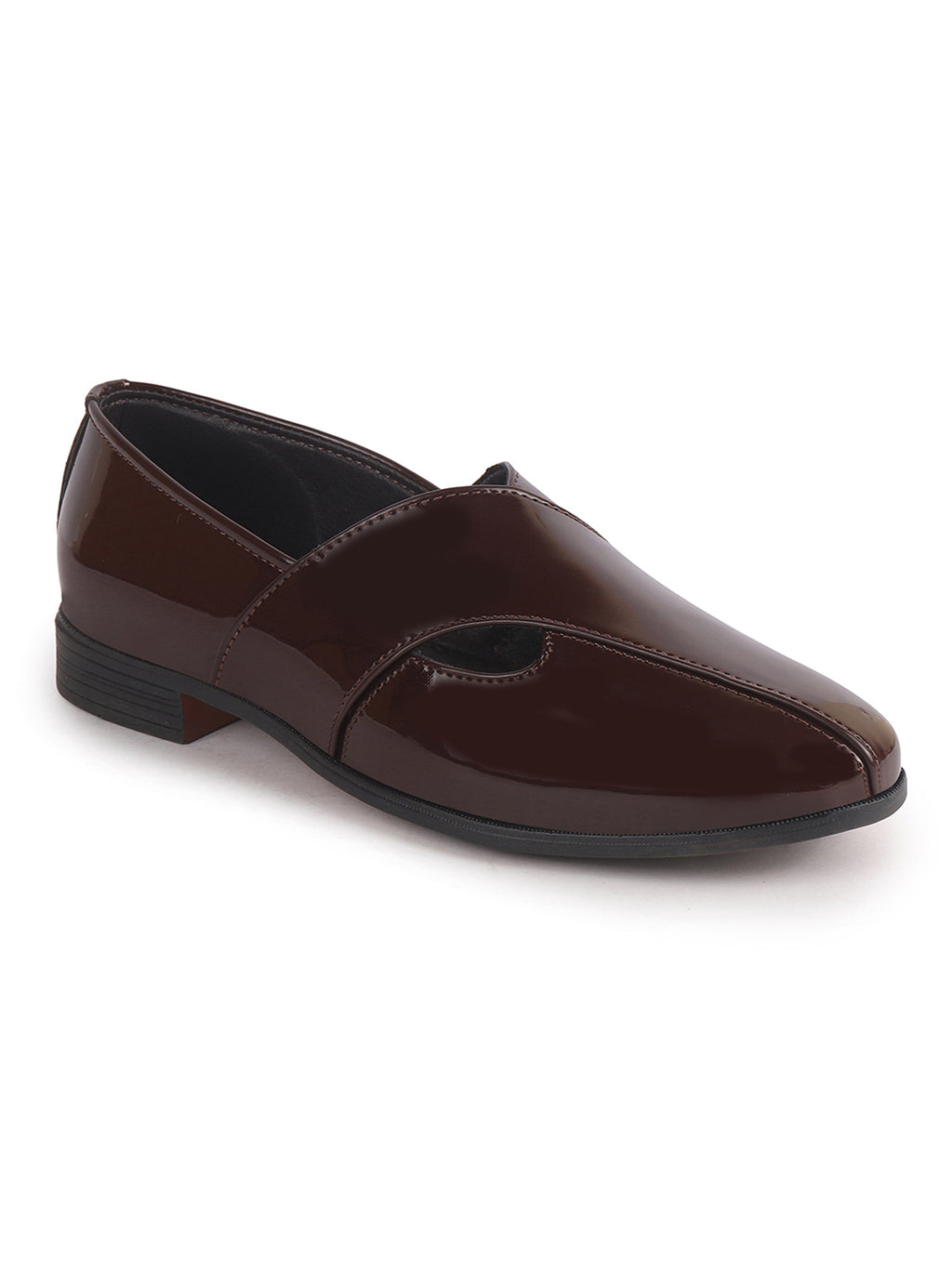 Men Tan Criss Cross Strap Round Toe Perforated Ethnic Slip On Shoes | Patent Leather Loafer Shoe with Memory Cushioned Insole for Wedding, Party Kurta Pyjama Dress