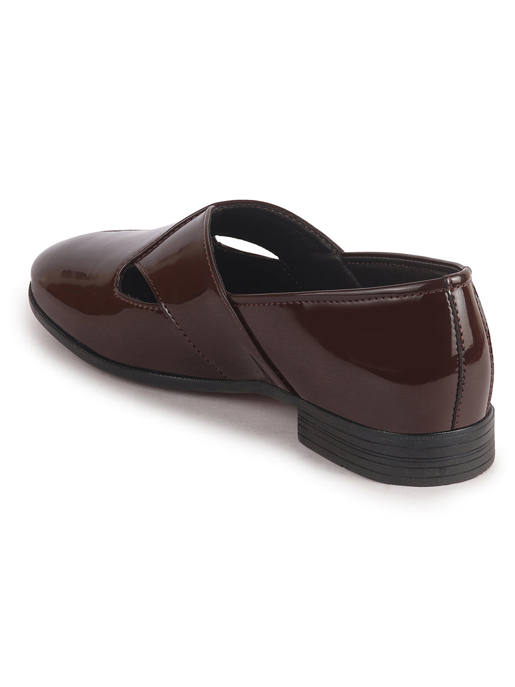 Men Tan Criss Cross Strap Round Toe Perforated Ethnic Slip On Shoes | Patent Leather Loafer Shoe with Memory Cushioned Insole for Wedding, Party Kurta Pyjama Dress